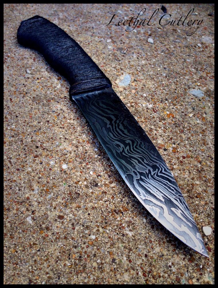 Low Layer Firestorm Damascus Murdered Out Field Knife Leather