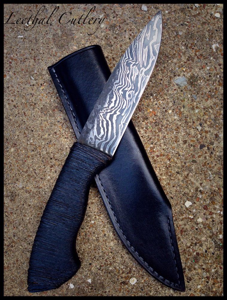 Low Layer Firestorm Damascus Murdered Out Field Knife Leather