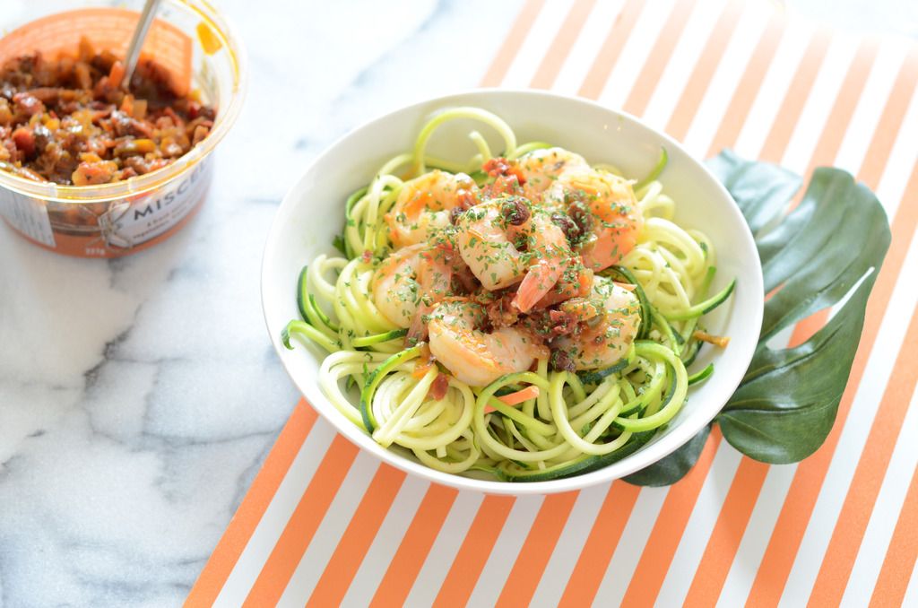 Easy meal ideas, zoodles, shrimp, Miscela, mid week dinners 