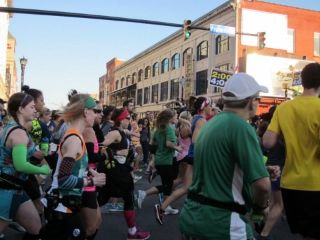 Kat (green arm warmers), me, and Janelle (pink shirt) heading out at the start of the Buffalo Marathon - Buffalo, New York