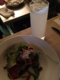 Rye's Cauliflower with Harissa, Almond, Arugula, Cucumber, served with a Gin, with Lemon, Sugar, Cucumber Sea Foam