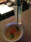 Rye's Sweet Potato Soup with Kaffir Lime Leaf, Coconut Milk, Cilantro, served with a Pineapple Shrub