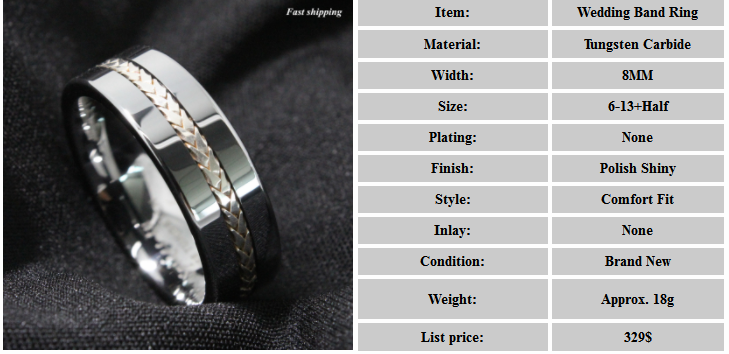 8MM Men's Tungsten Ring Silver Inlay Wedding Band Titanium Color ATOP ...