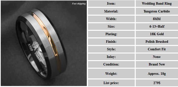 8/6Mm Silver Brushed Black edge Tungsten Ring Gold Stripe ATOP mens ...